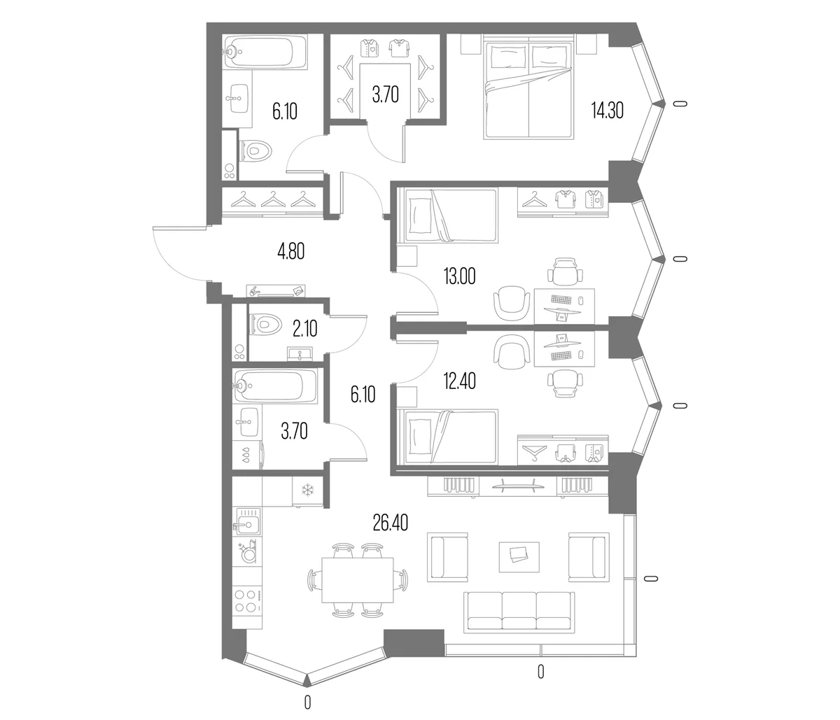 Планировка: 3-комнатная квартира 92,6 м² в ЖК «Северный Порт»