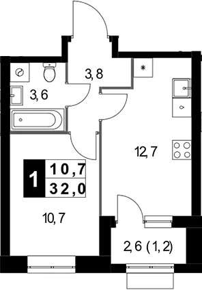 Планировка: 1-комнатная квартира 30,8 м² в ЖК «1-й Измайловский»