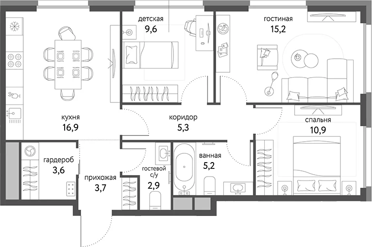 Планировка: 3-комнатная квартира 73,3 м² в ЖК «Сиреневый парк»