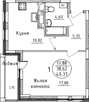 Планировка: 1-комнатная квартира 38,6 м² в ЖК «Дом Союзов»