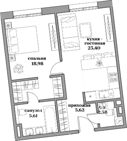 Планировка: Евродвушка 56,2 м² в ЖК «Садовническая, 69»