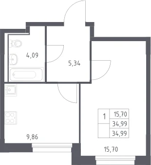 Планировка: 1-комнатная квартира 35 м² в ЖК «Прибрежный Парк»