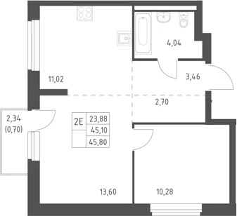 Планировка: Евродвушка 45,1 м² в ЖК «Горки Парк»