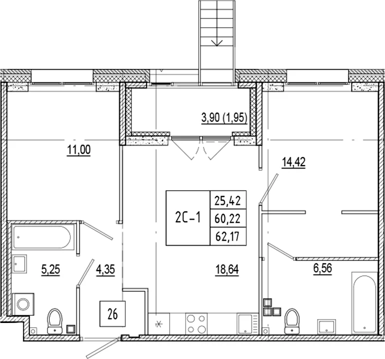 Планировка: Евротрёшка 60,2 м² в ЖК «Ranta Residence»