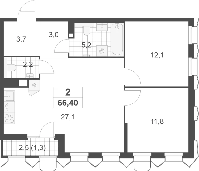 Планировка: Евротрёшка 65,1 м² в ЖК «Деснаречье»