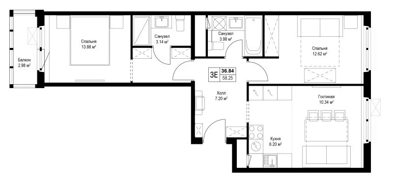 Планировка: Евротрёшка 57,4 м² в ЖК «У реки.Эко Видное 2.0»