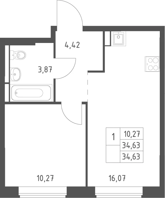 Планировка: Евродвушка 34,6 м² в ЖК «Большое Юрлово»