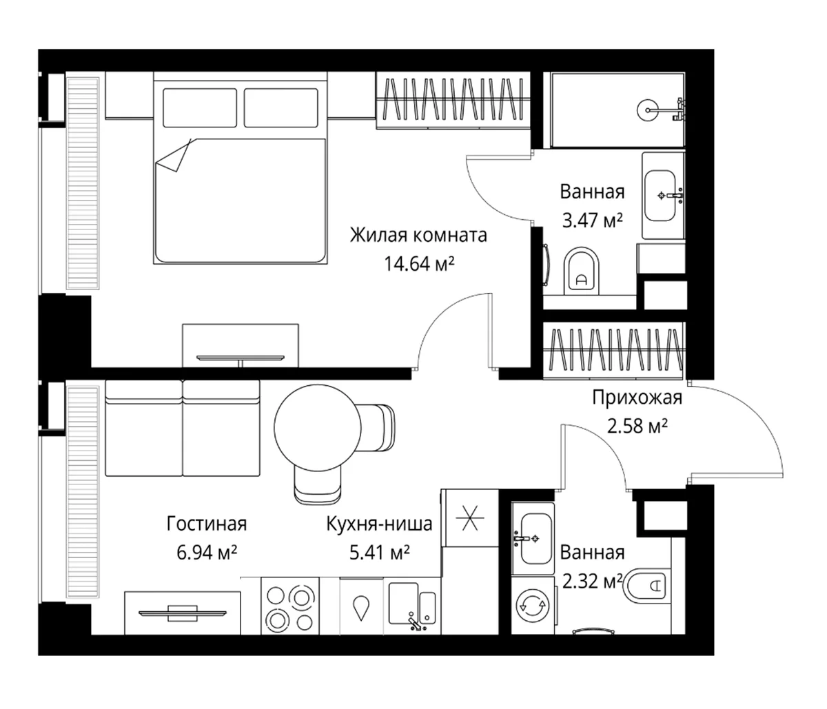 Планировка: Евродвушка 35,4 м² в ЖК «Веер»
