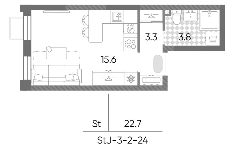 Планировка: Студия 22,7 м² в ЖК «Лучи»