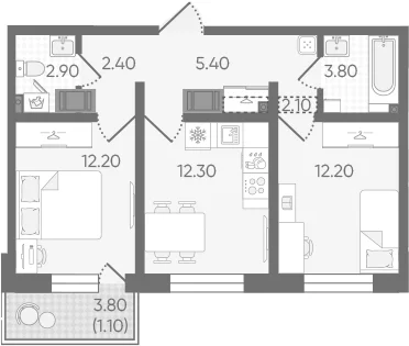 Планировка: 2-комнатная квартира 53,3 м² в ЖК «Цветной город»