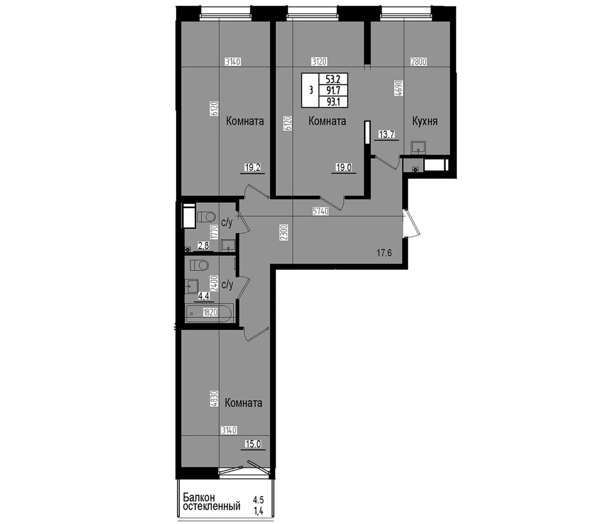 Планировка: 3-комнатная квартира 91,7 м² в ЖК «Прагма Сити»
