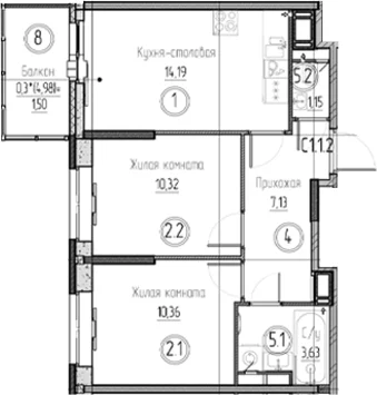 Планировка: 2-комнатная квартира 46,8 м² в ЖК «Аквилон Верба»