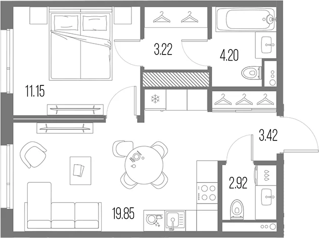 Планировка: Евродвушка 44,8 м² в ЖК «Легенда Васильевского»