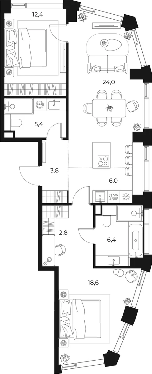 Планировка: Евротрёшка 79,4 м² в ЖК «МАСТЕРС»