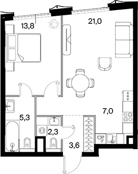 Планировка: Евродвушка 53 м² в ЖК «26 ПАРКВЬЮ»