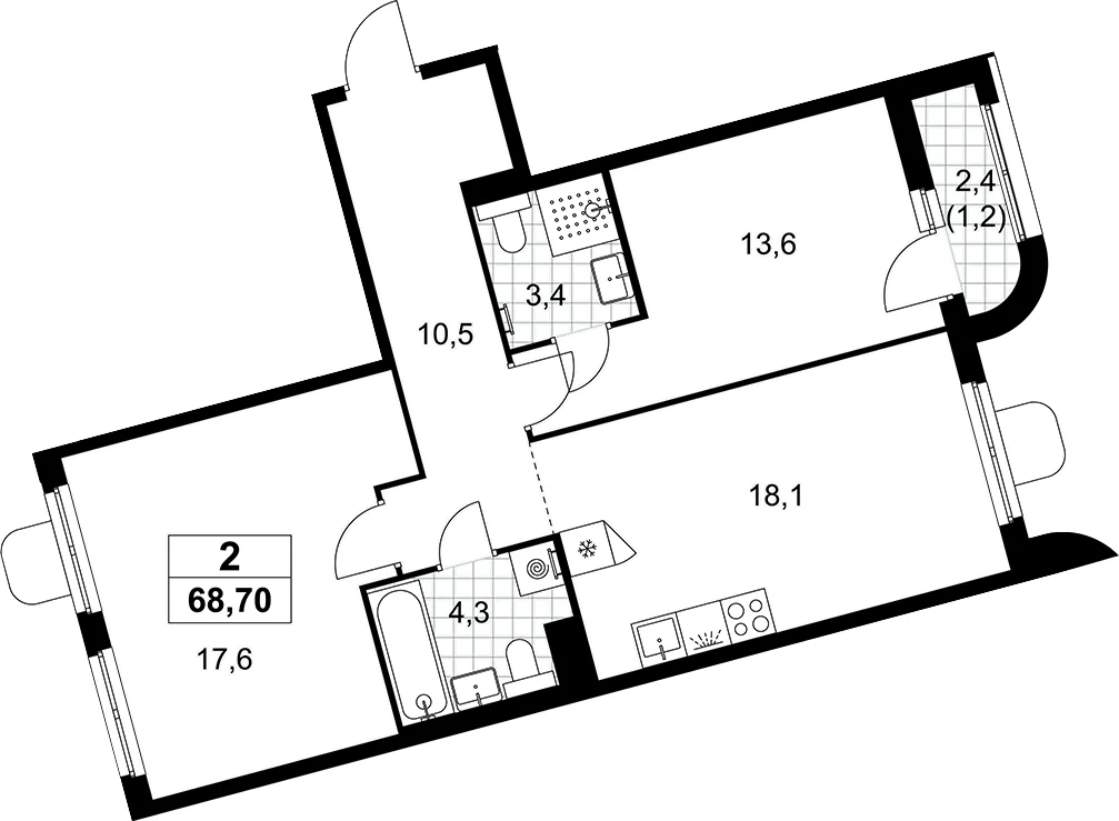 Планировка: Евротрёшка 67,5 м² в ЖК «Прокшино»