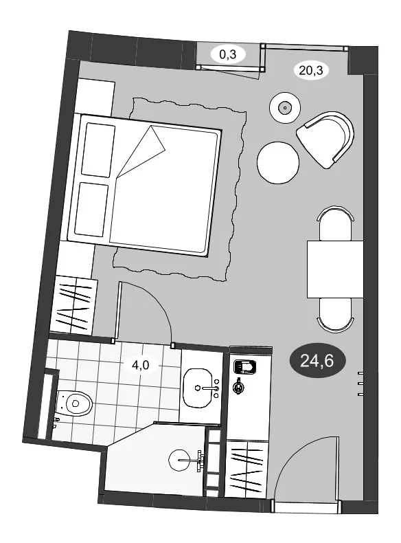 Планировка: Студия 24,3 м² в ЖК «Инвест-Курорт МЕСТО Рощино»