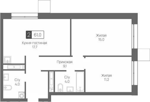 Планировка: Евротрёшка 61 м² в ЖК «Сити квартал Отрада»