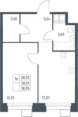 Планировка: 1-комнатная квартира 38,6 м² в ЖК «Тропарево Парк»