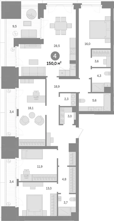 Планировка: 4-комнатная квартира 133,7 м² в ЖК «Квартал Издание»