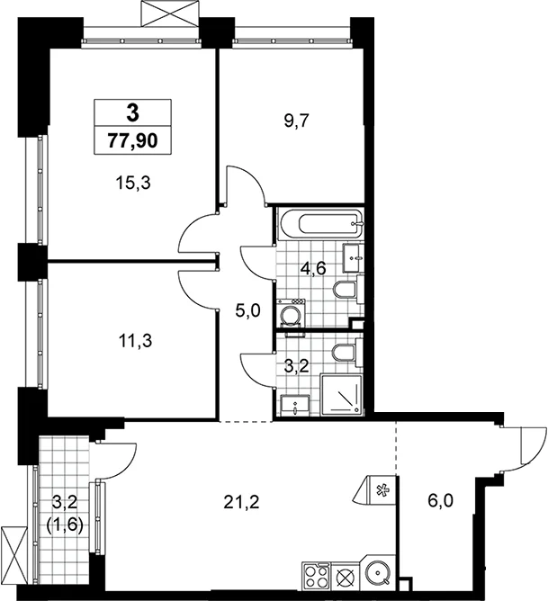 Планировка: Квартира евро-4 76,3 м² в ЖК «Прокшино»