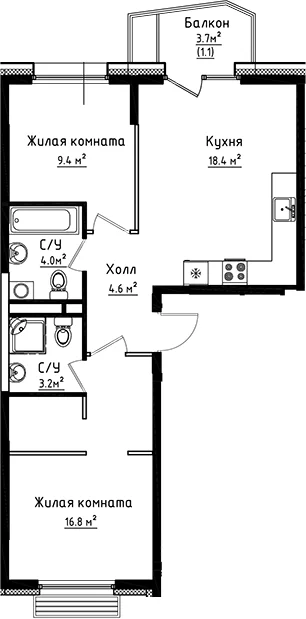 Планировка: 2-комнатная квартира 56,4 м² в ЖК «Коллекция»