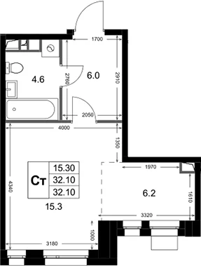 Планировка: Студия 32,1 м² в ЖК «Кореневский Форт 2.3»