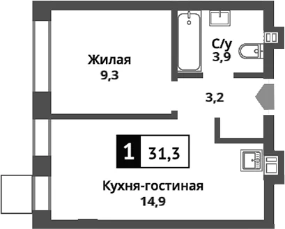 Планировка: Евродвушка 31,3 м² в ЖК «Никольский квартал Отрада»