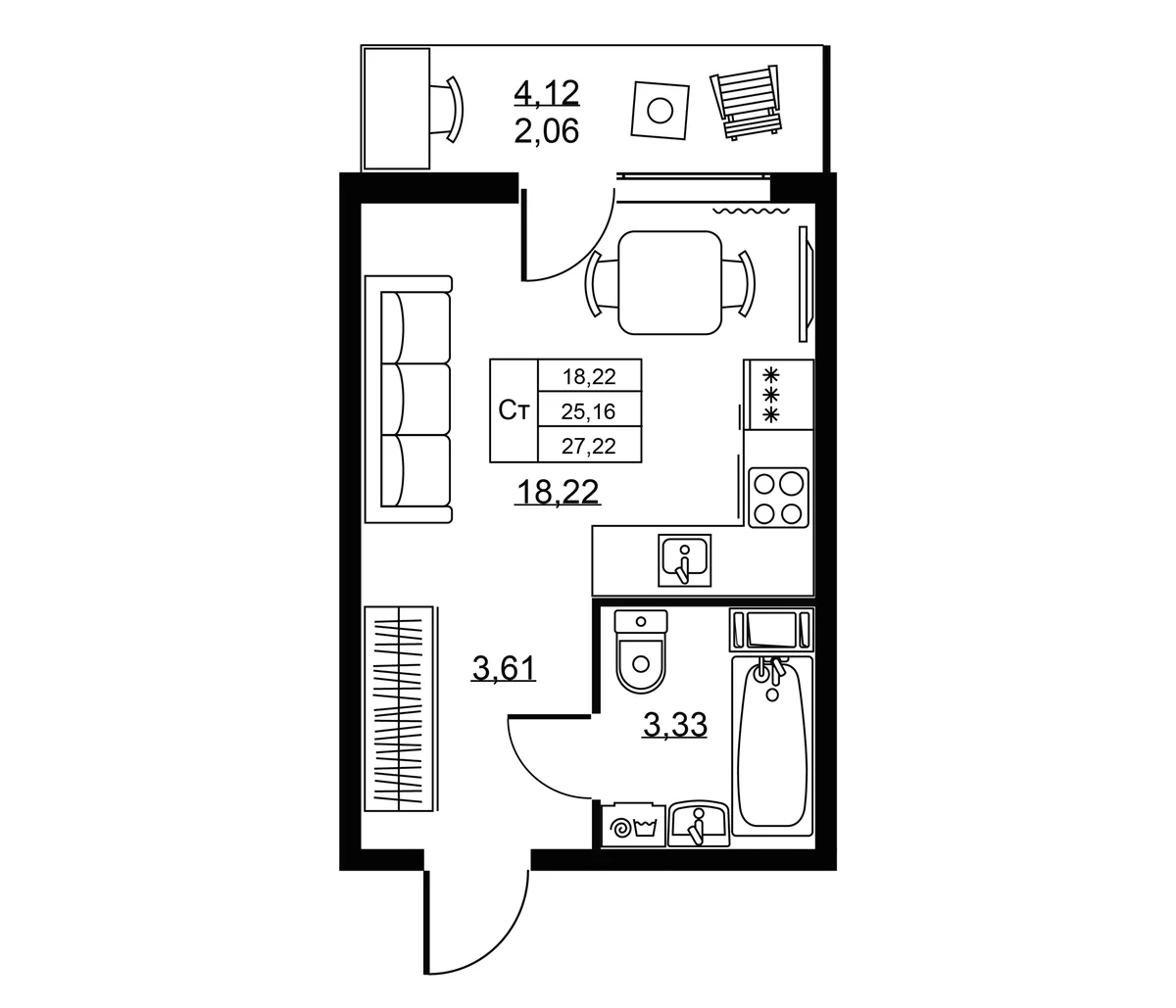 Планировка: Студия 25,2 м² в ЖК «Пулковское, 34»
