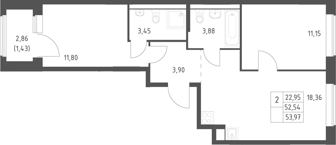 Планировка: Евротрёшка 52,5 м² в ЖК «Большое Юрлово»