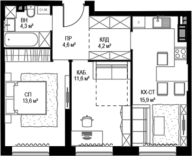 Планировка: 2-комнатная квартира 55,4 м² в ЖК «Дом МАЛЕВИЧ»