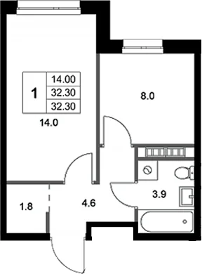 Планировка: 1-комнатная квартира 32,3 м² в ЖК «Легенда Коренево»