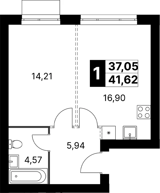 Планировка: Евродвушка 41,6 м² в ЖК «Апрелевка Клаб»