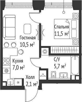 Планировка: Евродвушка 36,8 м² в ЖК «СЕТ»
