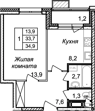 Планировка: 1-комнатная квартира 33,7 м² в ЖК «Квартал Светлый»