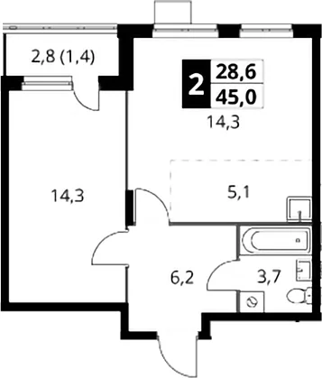 Планировка: Евродвушка 43,6 м² в ЖК «1-й Донской»