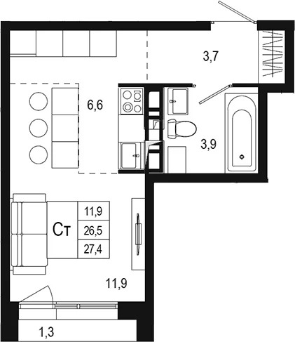 Планировка: Студия 26,5 м² в ЖК «Новая Щербинка»