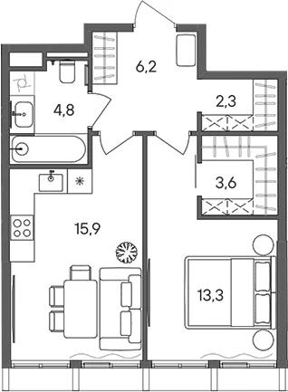 Планировка: 1-комнатная квартира 46,1 м² в ЖК «СТОУН Сокольники»