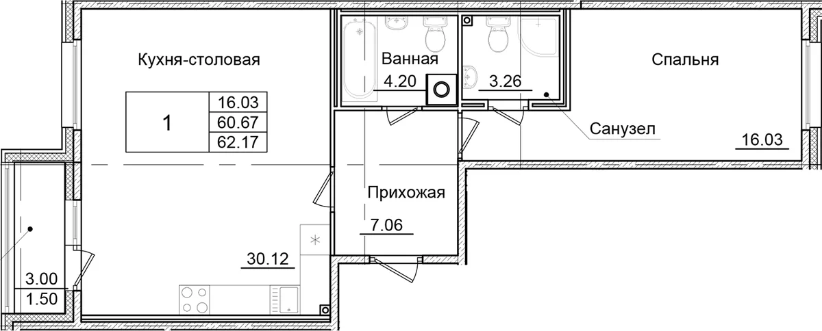 Планировка: 1-комнатная квартира 60,7 м² в ЖК «Квартал Заречье»