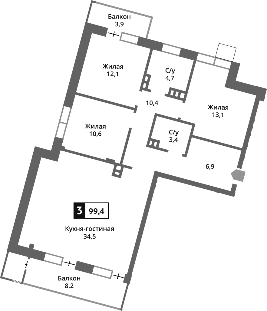 Планировка: Квартира евро-4 95,8 м² в ЖК «Отрада на реке»