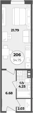 Планировка: Студия 34,8 м² в ЖК «Апарт-отель Лиговский 127»