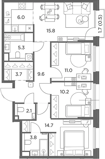 Планировка: Квартира евро-4 82,2 м² в ЖК «Станиславский»
