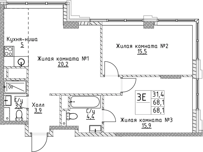 Планировка: Евротрёшка 68,1 м² в ЖК «ВЭРИ на Миклухо-Маклая»