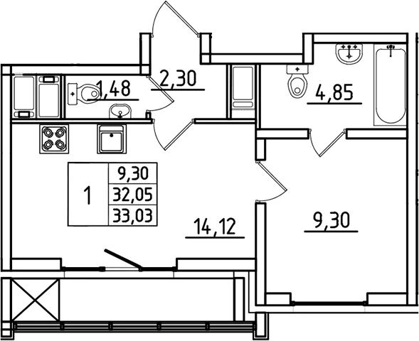 Планировка: 1-комнатная квартира 32,1 м² в ЖК «Южный Форт»