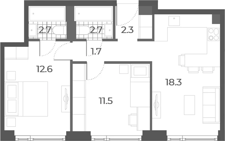 Планировка: Евротрёшка 51,8 м² в ЖК «Вейв»