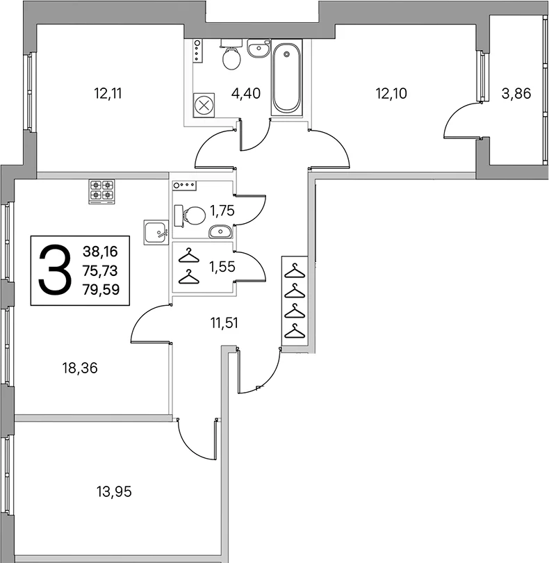 Планировка: Квартира евро-4 75,7 м² в ЖК «Любоград в Стрельне»