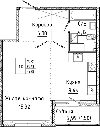 Планировка: 1-комнатная квартира 35,5 м² в ЖК «Аквилон Янино»