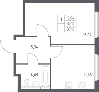 Планировка: 1-комнатная квартира 37,1 м² в ЖК «Космический Квартал»