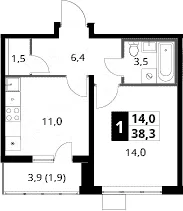 Планировка: 1-комнатная квартира 36,4 м² в ЖК «1-й Южный»