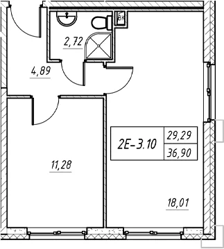 Планировка: Евродвушка 36,9 м² в ЖК «Зум на Неве»